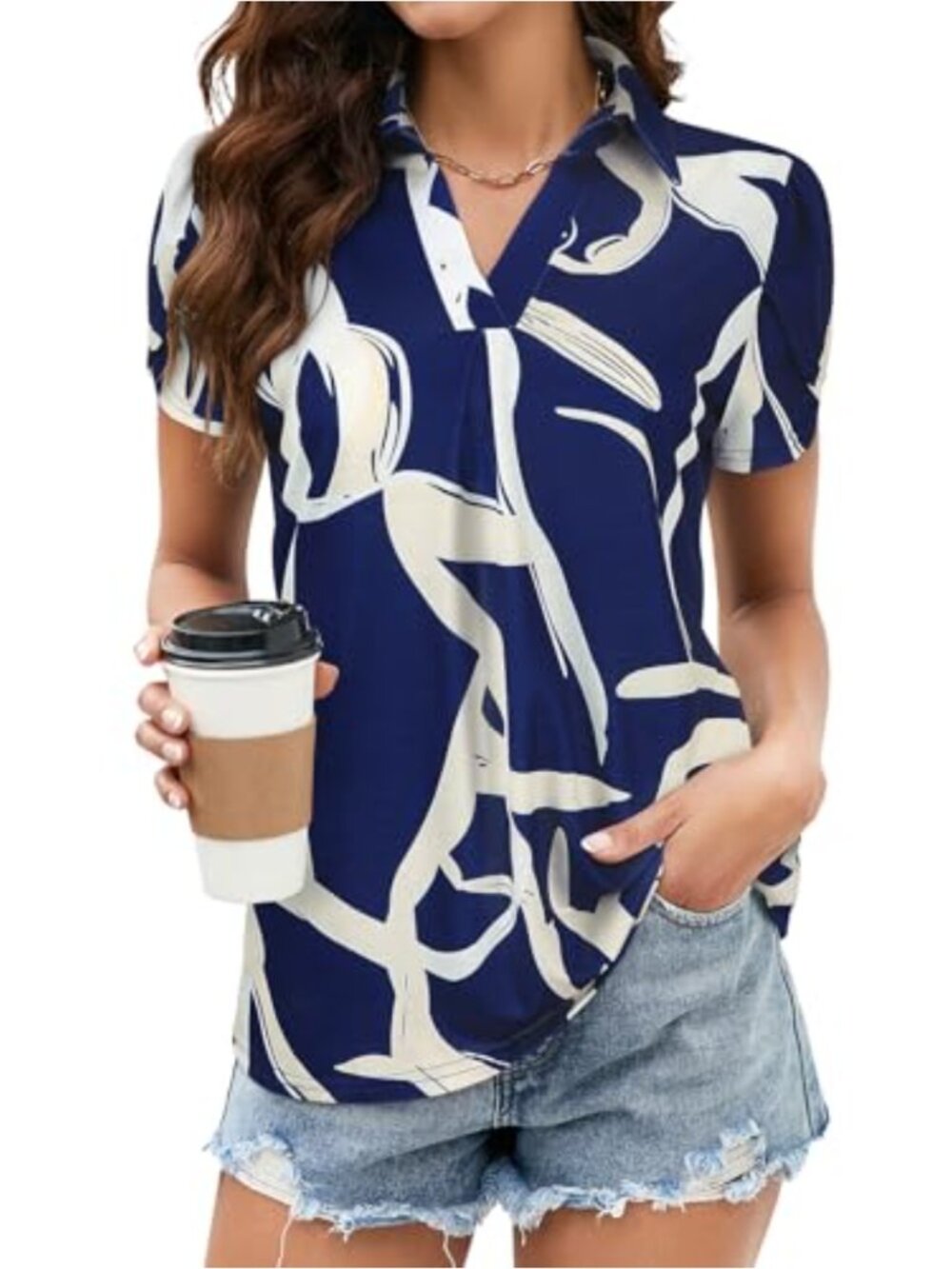 Womens V Neck Petal Sleeve Collared Polo Work Top